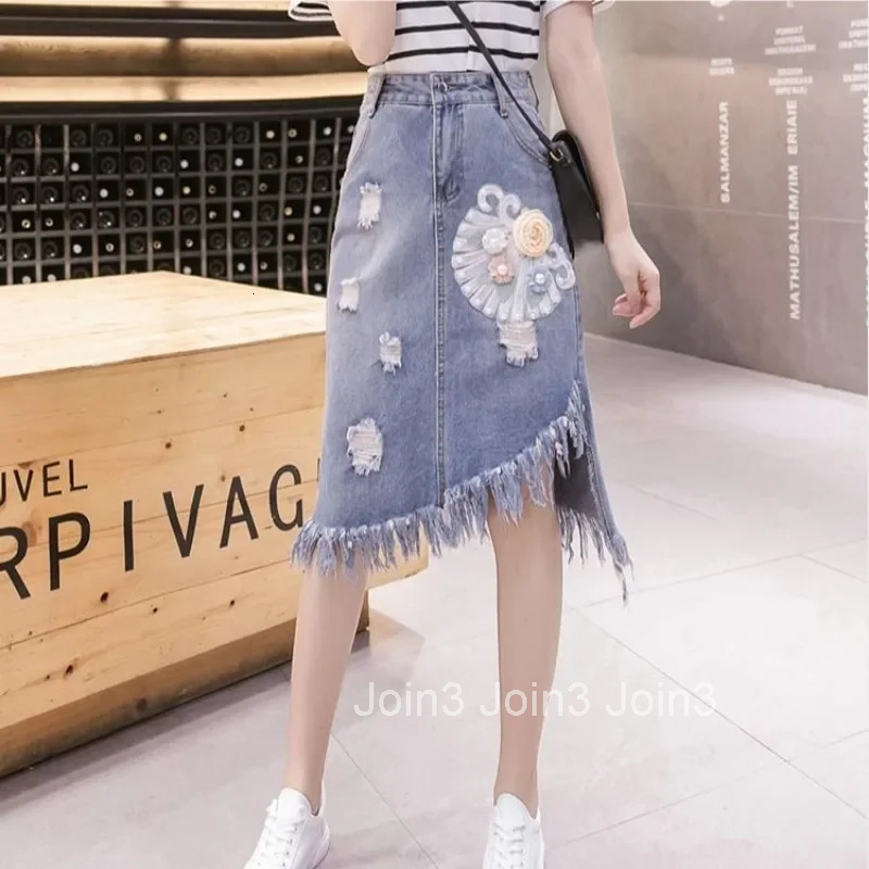 Female Jeans Skirts Fringe Midi High Quality Korean Style Streetwear New In Clothing Sales Vintage Casual Womens Denim Skirt