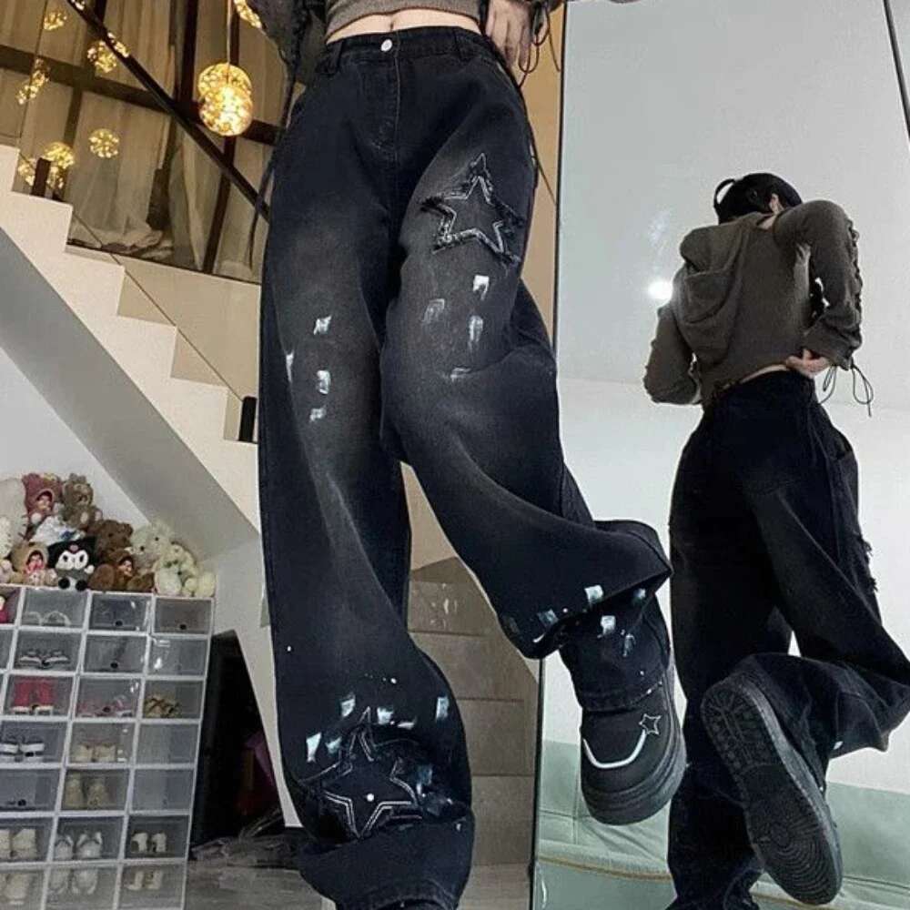 With Pockets Black Trousers Star Straight Leg Pants for Women High Waist Shot Womens Jeans Trend 2024 Pant Loosefit Grunge Y2k Z