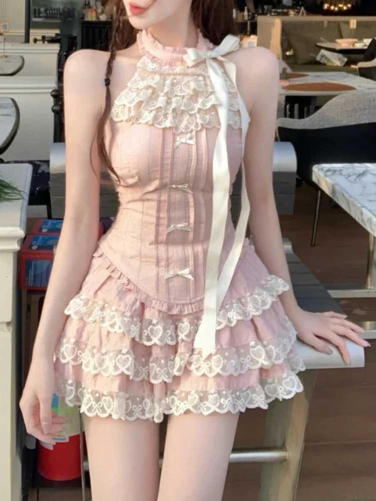 Japanese Kawaii Sweet Elegant 2 Piece Set Women Lace Up Vintage Kawaii Set Female Y2k Princess Mini Skirt Suit Summer 2024 250609