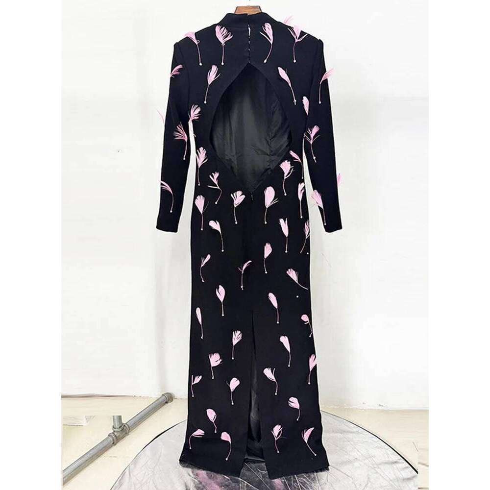 DEAT Elegant Dress Feathers Patchwork Backless Long Sleeve Split Women's Evening Party Dresses 2025 Summer New Fashion 35Z2527