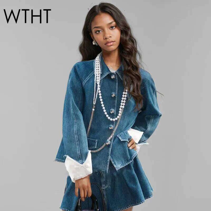 WTHT New Trendy Women's Pearl Chian Design Denim Jacket 2025 Spring Fashion Turn-down Collar Long Sleeves Coat Female 1LS1085