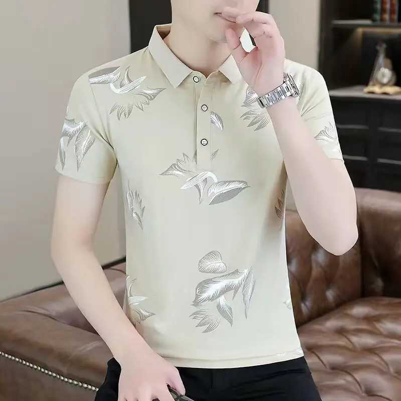 Mens Collared T-shirt Short Sleeve Print Male Polo Shirts Chic XL Casual Tee 2025 Kpop Luxury Elegant Elastic Mens Clothing W250616