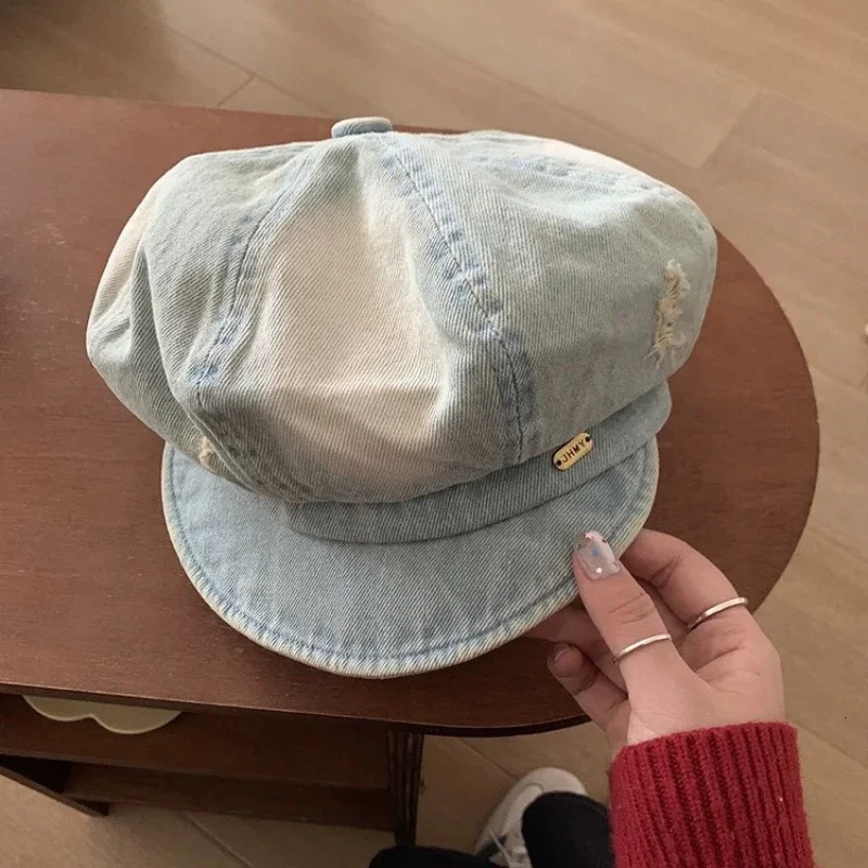 Retro Tie-dye Hole Denim sboy Hats for Men and Women Spring Summer Casual Versatile Literary Octagonal Berets Cap 250604