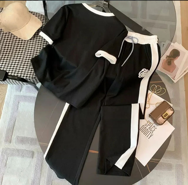Womens Two Piece Short - Elegant Rose Embroidered Top and Wide Leg Pants, Korean Style Autumn Set C260312