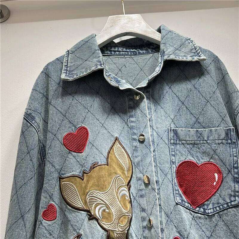 WTHT Trendy Women's Embroidery Animal Design Plaid Denim Shirt 2025 Summer Fashion Lapel Long Sleeve Blouse Female 1LS1345