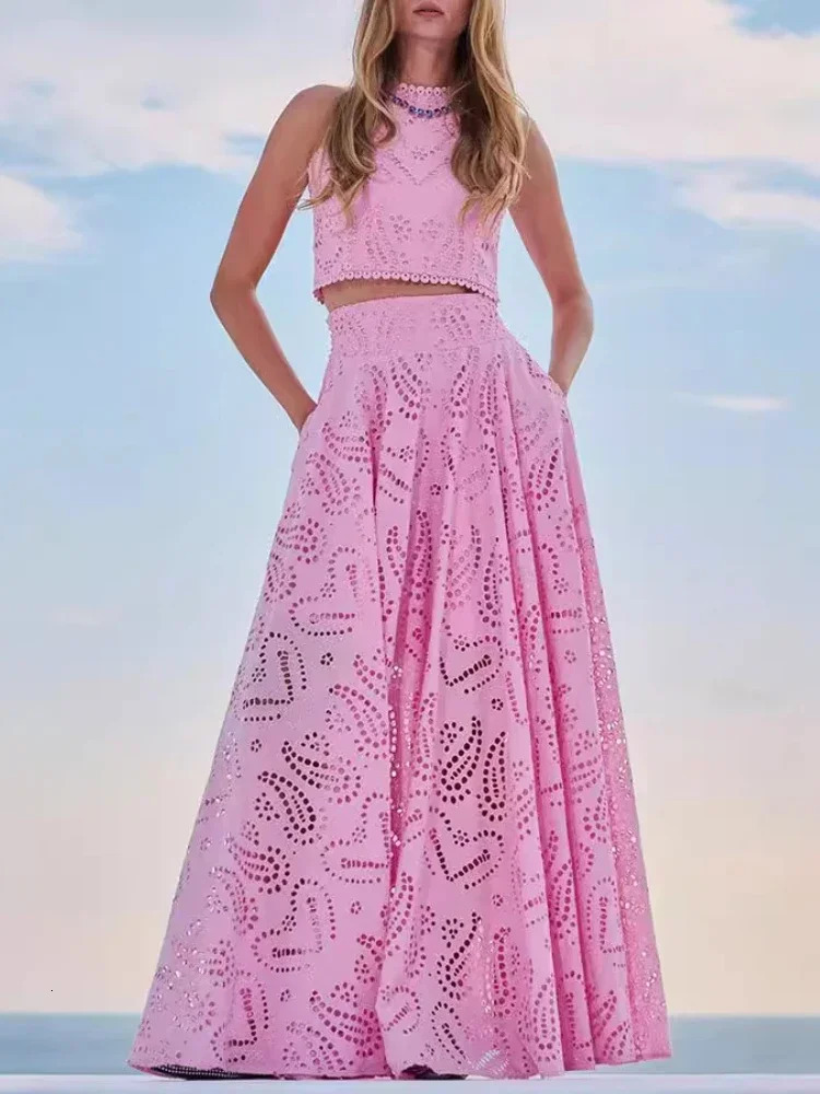 Fashion 2025 in Spring Summer Solid Color Round Neck Sleeveless Long Dress Set INS Leisure Resort Loose Twopiece 250609