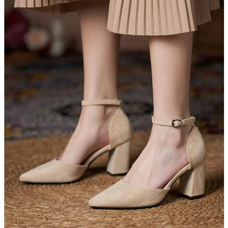 31-44 Women Pumps Fashion Black High Heels Shoes Flock Pointed Sandals Summer Party Thick Heel Shoes Ladies Wedding Shoes 250614