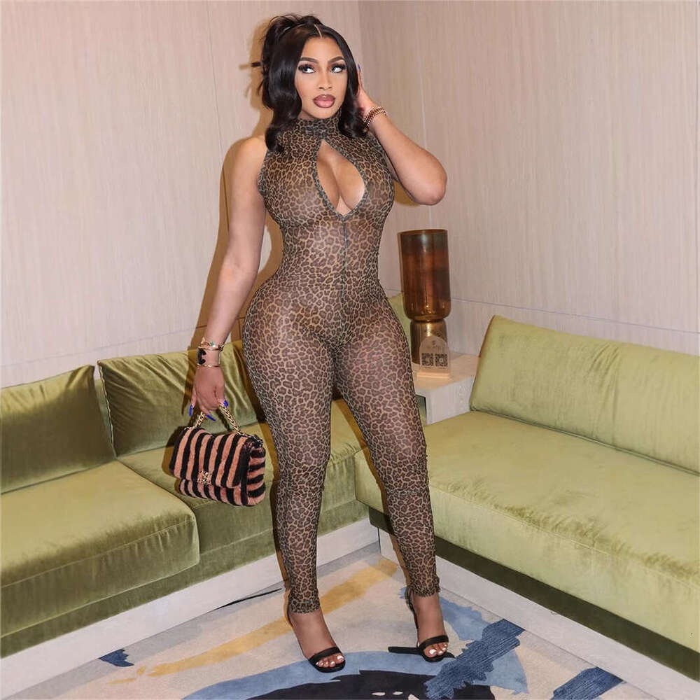 New Fashion Trend Leopard Print Slim Fit Sexy Mesh Hollow Out Sleeveless Jumpsuit B5