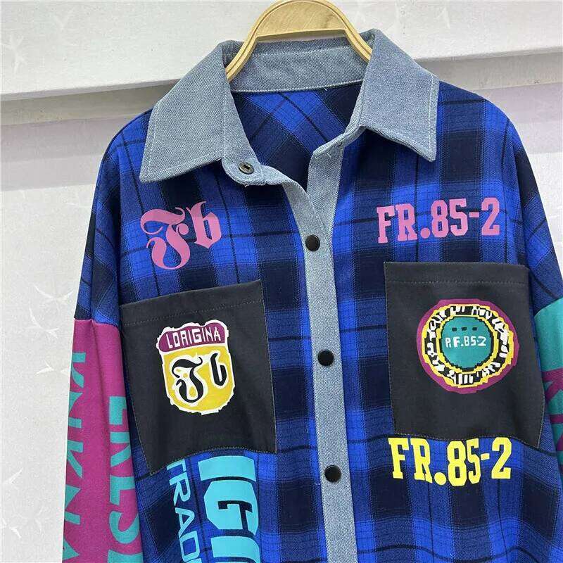 WTHT Trendy Women's Patchwork Contrast Color Plaid Print Design Loose Shirt 2025 Spring New Long Sleeves Blouse Female 1LS1002