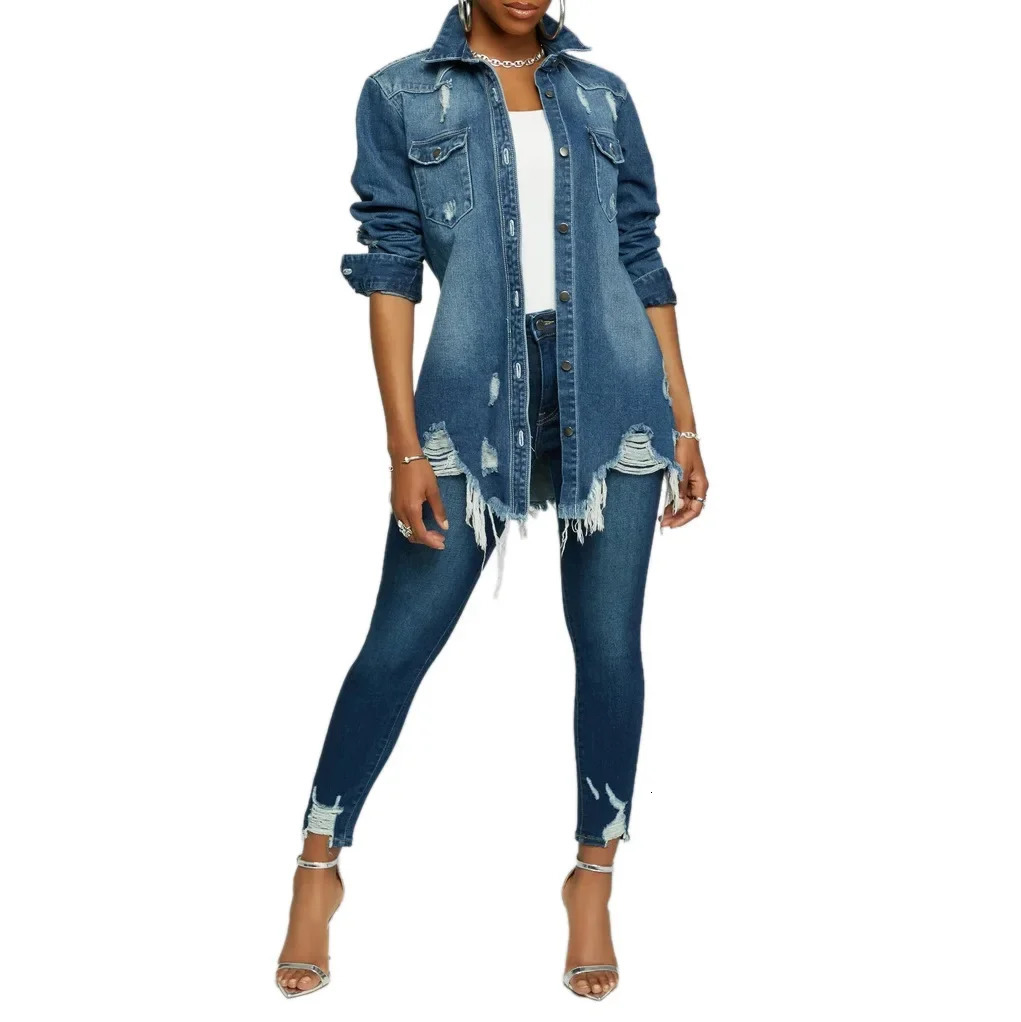 Women Jeans Jackets Spring Summer Ripped Denim Vintage Casual Denim Jacket Long Sleeve Female Chic Coat Streetwear 250614