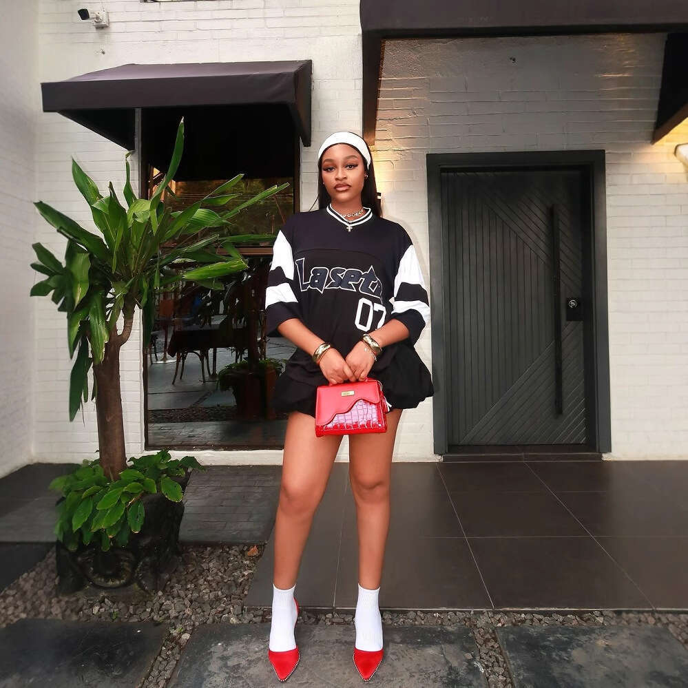 Summer New Sports Style Patchwork Color Block Letter Print Loose Casual Short Sleeve T-Shirt For Women B5