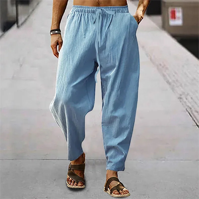 2025 Men Cotton Linen Pants Summer and Autumn Solid High Waist Wide-Leg Trousers Male Loose Hemp Casual Breathable Sports Pants 250614