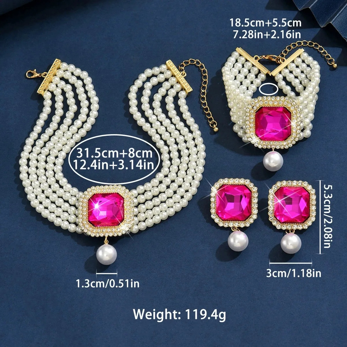 KMVEXO Elegant Crystal Square Pearl Necklace Bracelet Stud Earrings Set for Women Choker Jewelry Sets Lady Party Gift 250609