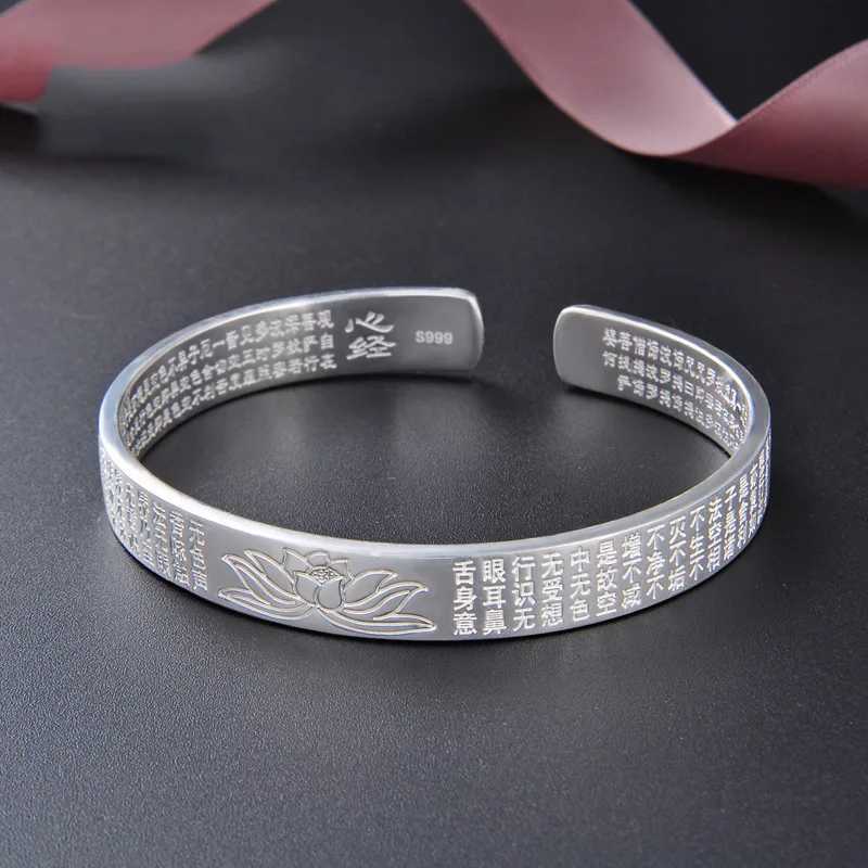 Foydjew New Ethnic Style Retro Lotus Buddhist Scriptures Heart Sutra Womens Open Plated Silver Jewelry Z250616