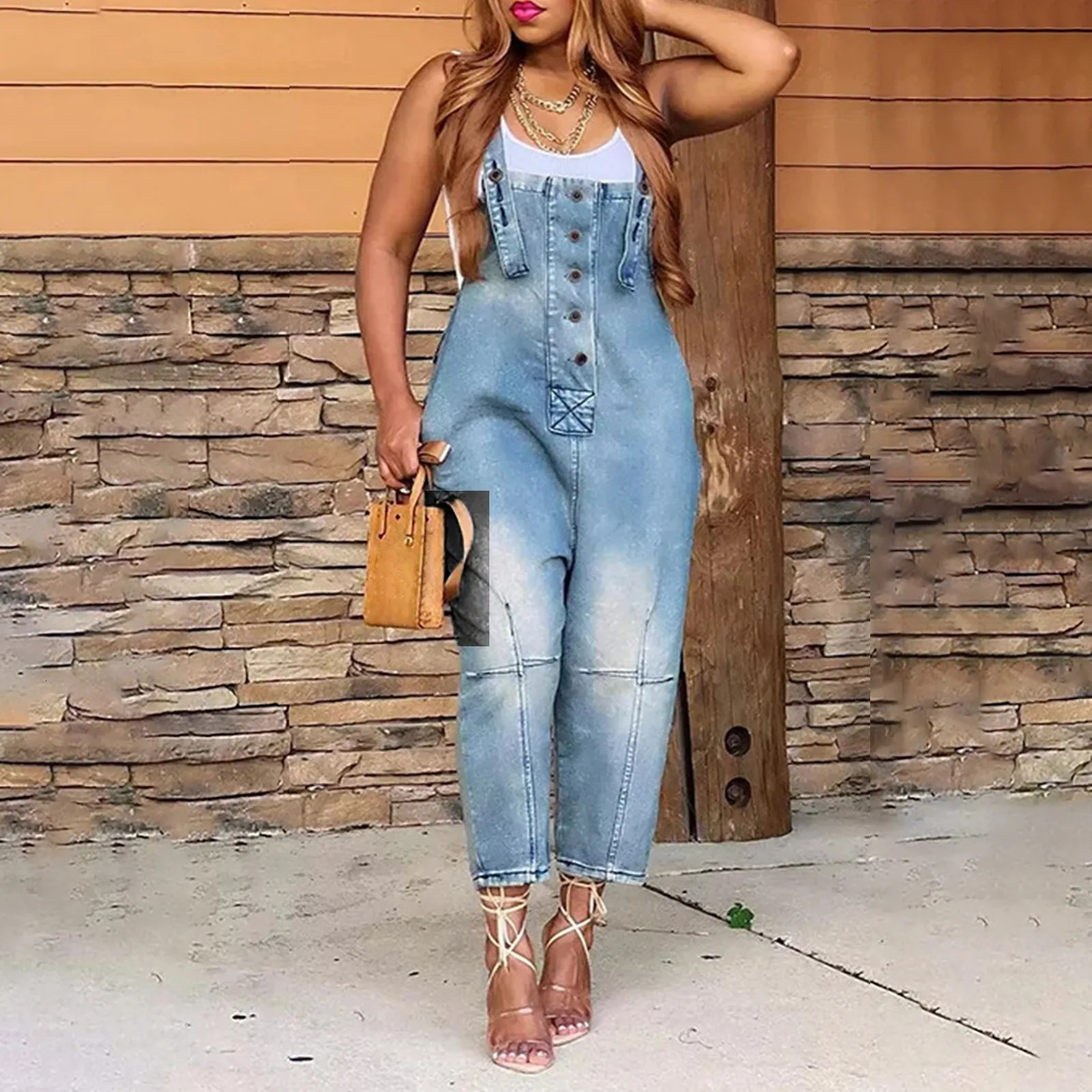 WomenS Pocket Washed Denim Overalls European American Large Size Button Strap Backpack Shorts Casual Womens Jeans Overalls 250612