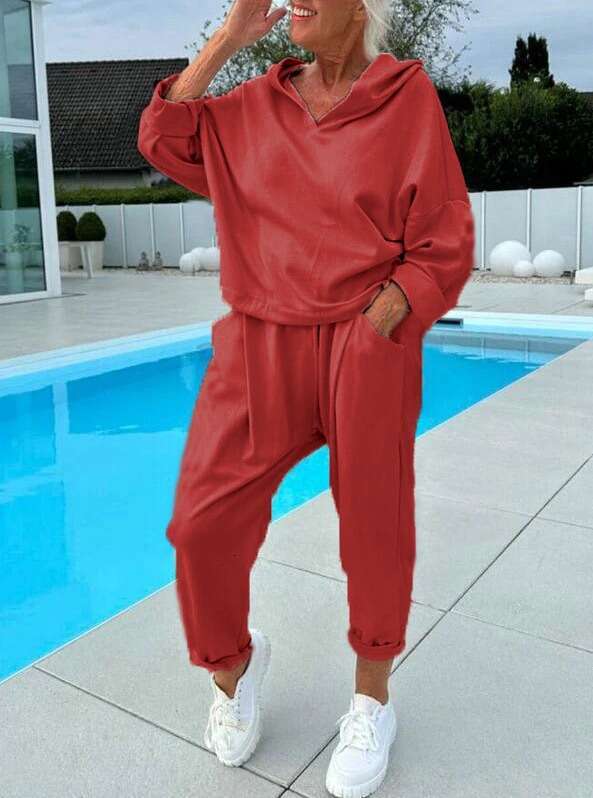 European American Autumn Women's Solid Color Hooded Sweatshirt Two-Piece Set 2025 New Elegant and Unique Fashion