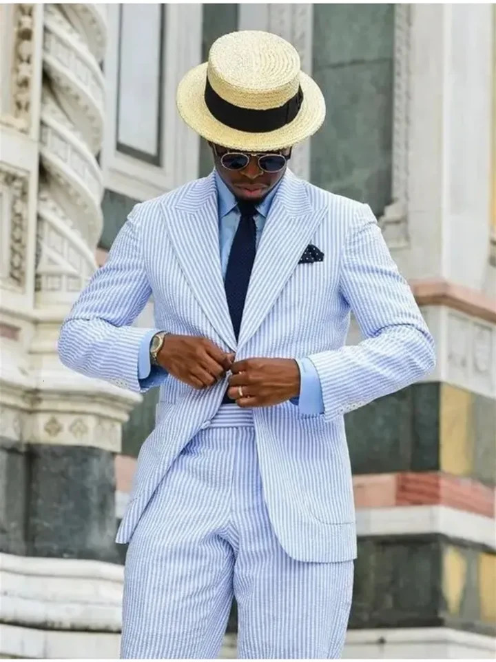 2 Pieces Casual Men Suits Seersucker Stripe Outfits Custom Wedding Groom Tuxedo Costume Homme ed Lapel JacketPants 250613