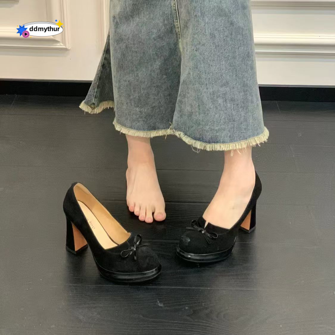 French Style Chunky Heel Elegant Mary Jane Shoes for Women 2025 Spring Summer New Versatile Bowknot Deep V High Heels ddmythur