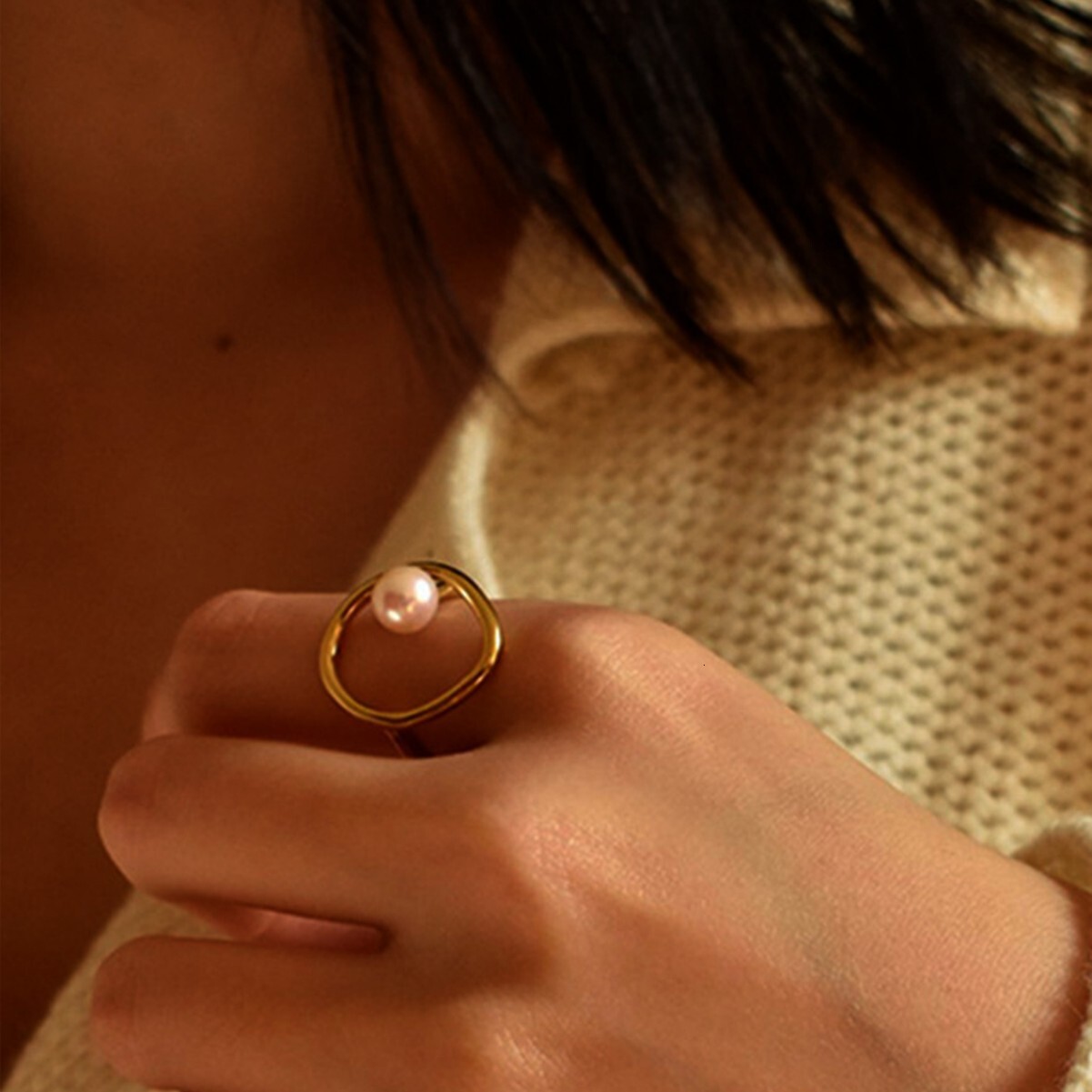 Pearl Irregular for Women Gold Titanium Steel High-end Non-fading Ring