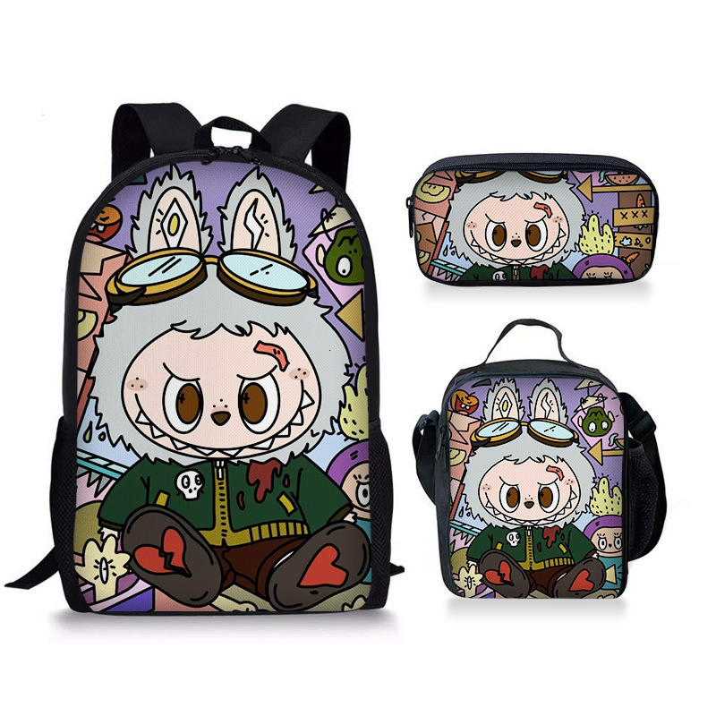New Labubu Three-Piece Set Bag Pencil Case Student Baby Backpack Cute Versatile Portable