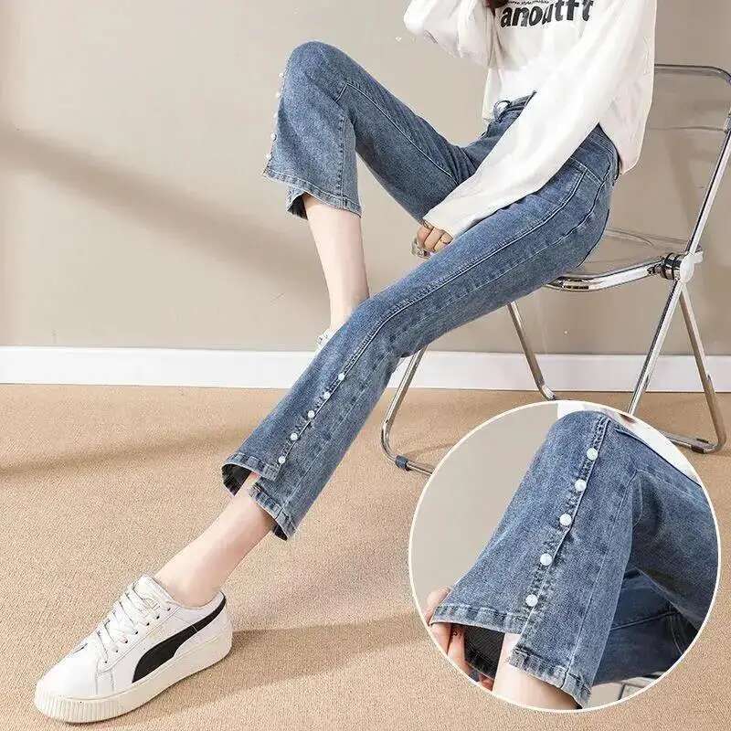 Womens Jeans Flare Trousers Flared Woman Pants Bell Bottom Blue with Pockets High Waist Shot Harajuku Fashion Chic and Elegant A