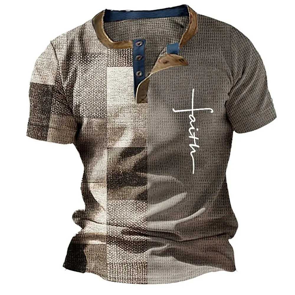 Fashion Henley Shirts 3D Color Splicing Print T-Shirts Casual Comfortable Loose Short Sleeve Tops Summer Street Vintage Clothes W250616