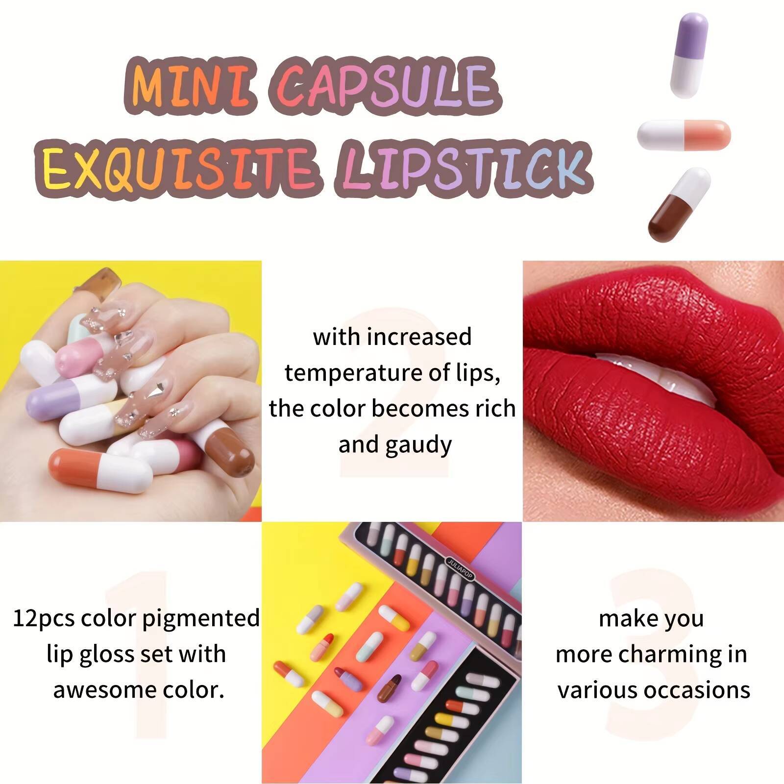 Set,12 Colors Matte Pill Shaped Lipstick,Waterproof Long Lasting Mini Capsules Velvet Lipstick Set(12PCS) happy