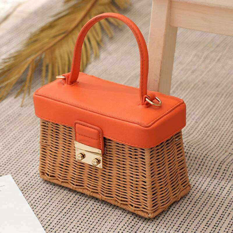 Trend Women's Straw Square Handmade Woven Tote PU Leather Top Handle Rattan Purses Boxes Lady Summer Beach Basket Bags