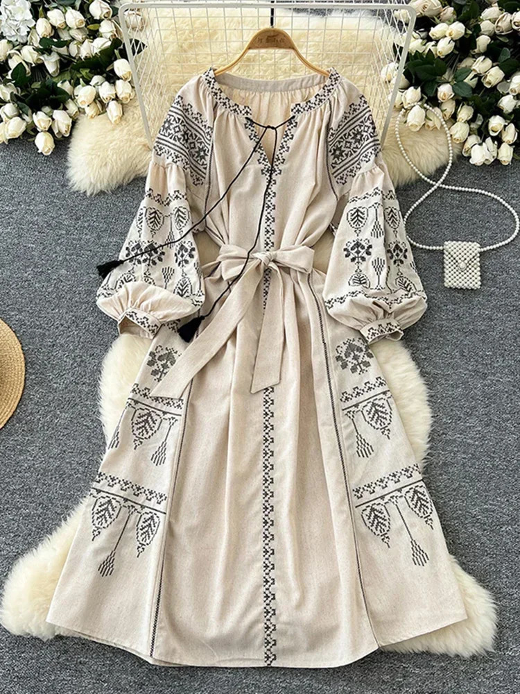Bohemian Retro Ethnic Style Dress Womens Spring Autumn Embroidered Lace Up Lantern Sleeves Waist Cinching Long Dress A155 250609