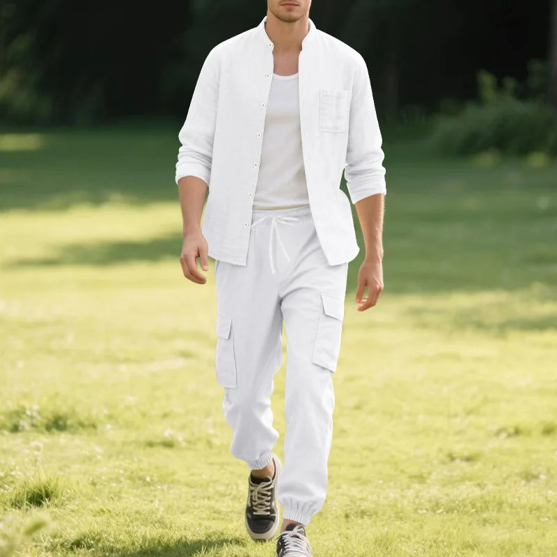 Spring and Summer Mens Linen Button Long Sleeved Shirt Pants Set Fashionable Casual Breathable Quick Drying 2Pie 250612