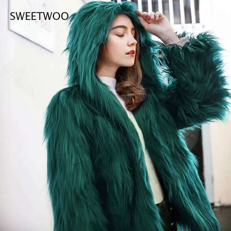 Fluffy Faux Fur Coat with Hood Women Winter Loose Plush Purple Grey Green Red Jacket Ladies Chic Fashion Parka Outwear