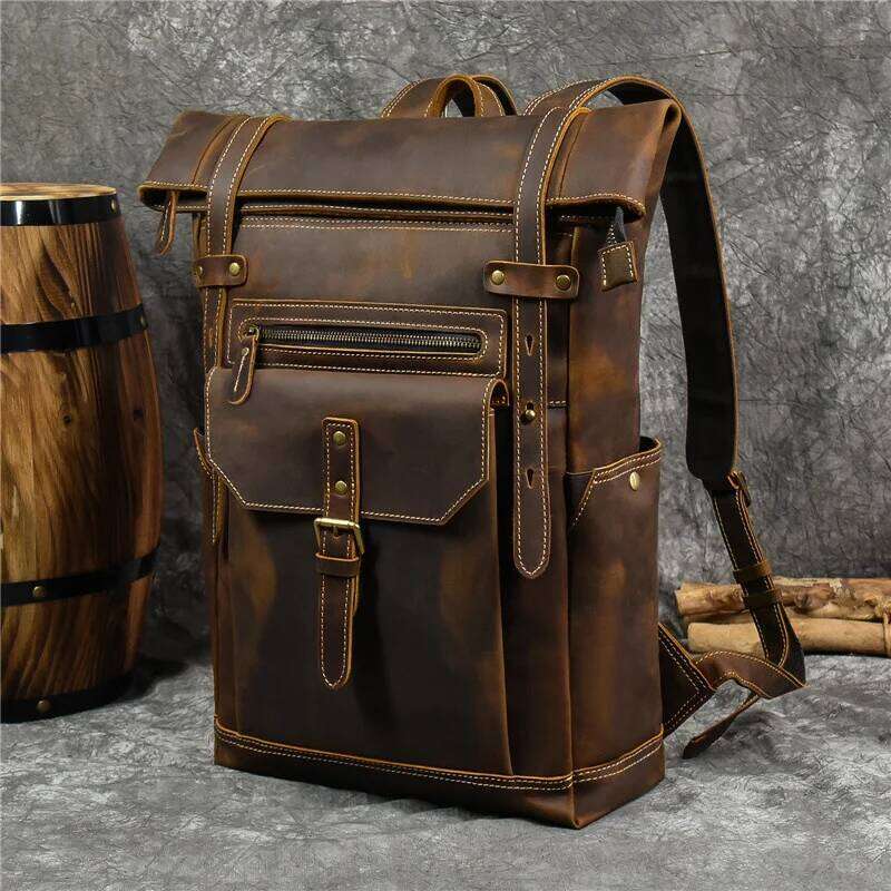 Vintage Men's Backpack Large Capacity 16" Laptop Bag For Students Travel Trendy Retro Design Durable Genuine Leather