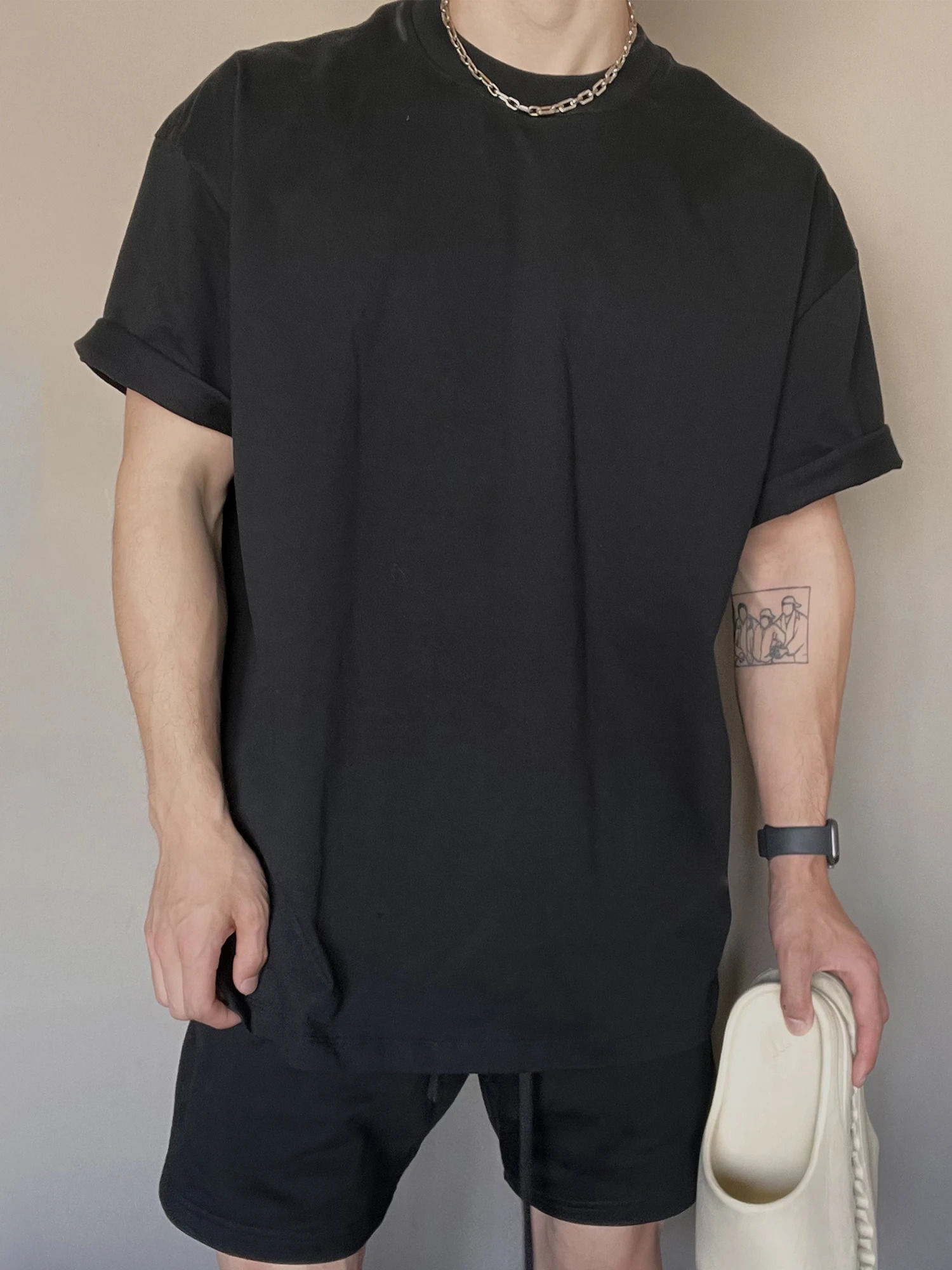 American Heavy Solid Color Small Neckline Shortsleeved Tshirt Mens Summer 425G Shorts Sports and Leisure Loose Suit 250612