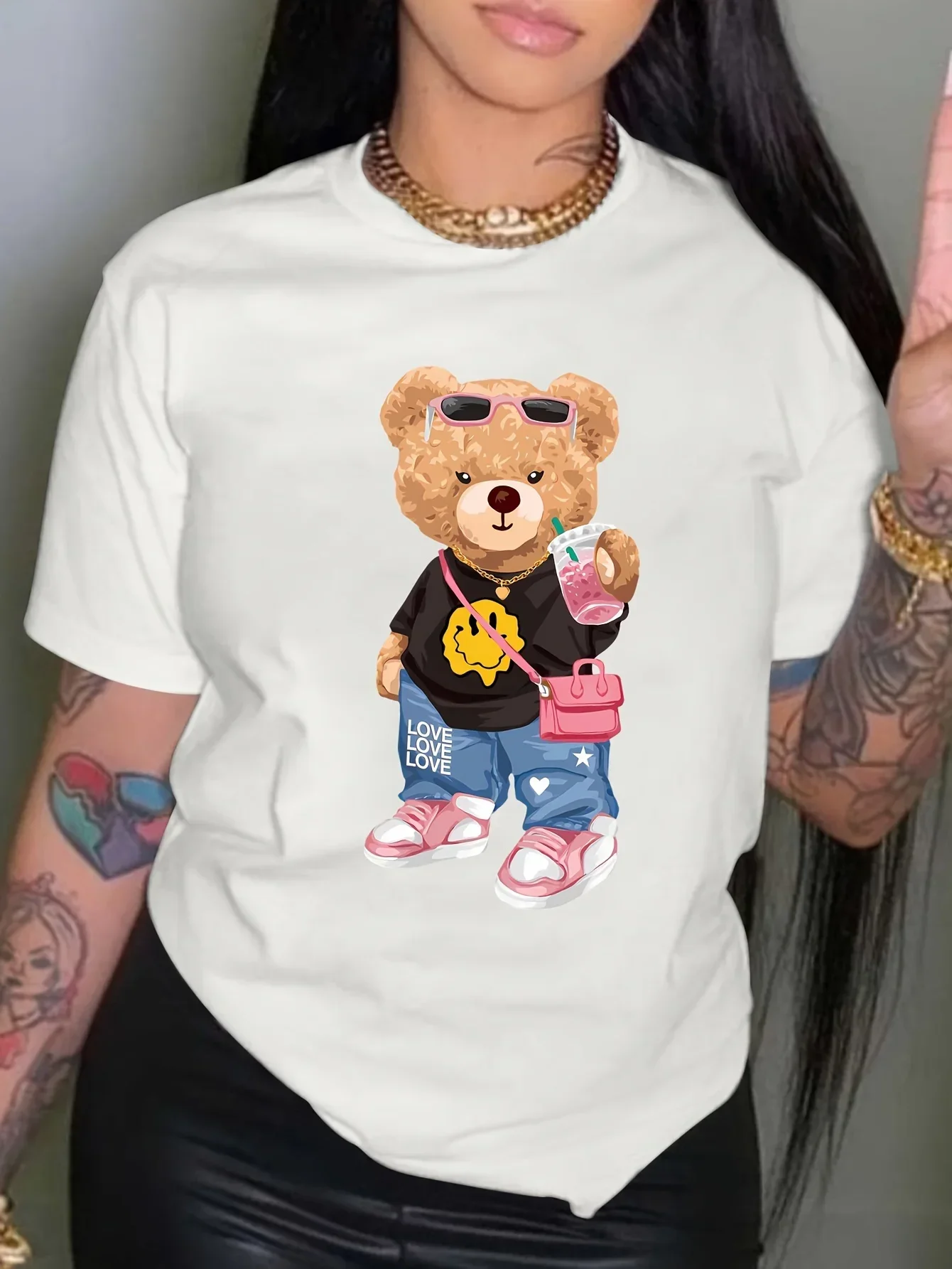 Cool Little Bear Print T-shirt Short Sleeve Crew Neck Casual Top for Summer Spring Women's Clothing 2025 New