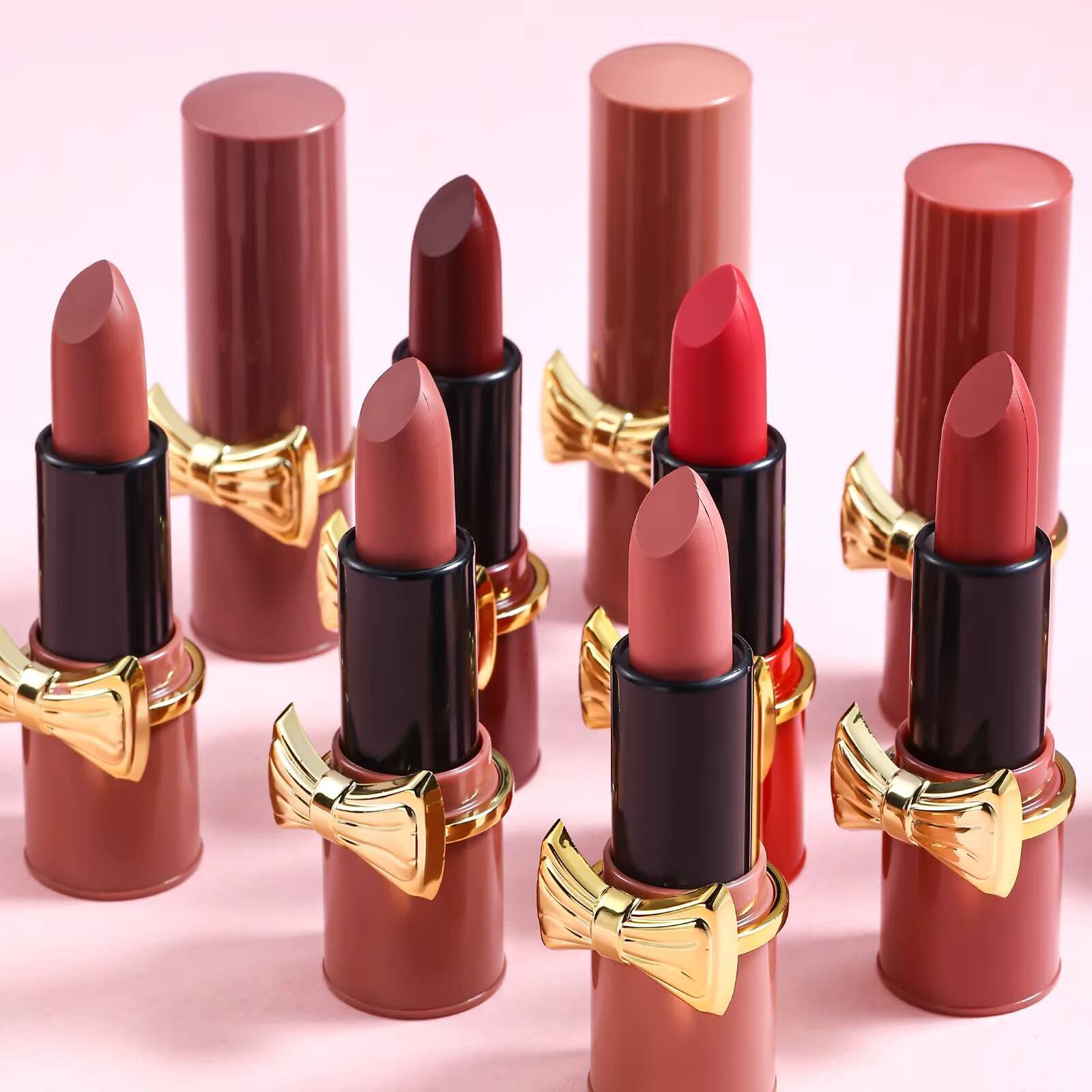Bowknot Matte Velvet Nude Lipstick Brightly Coloured Tint Balm Non-stick Cup Smooth Sexy Red Pink Lip Glaze Makeup happy