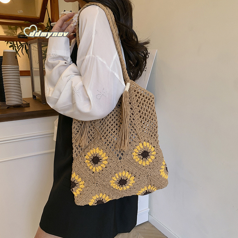 Forest Style Sunflower Knitted Hollow Woven Underarm for Women Summer Beach Large Capacity Shoulder Tote Bag ddmynov ddmynov ddmynov