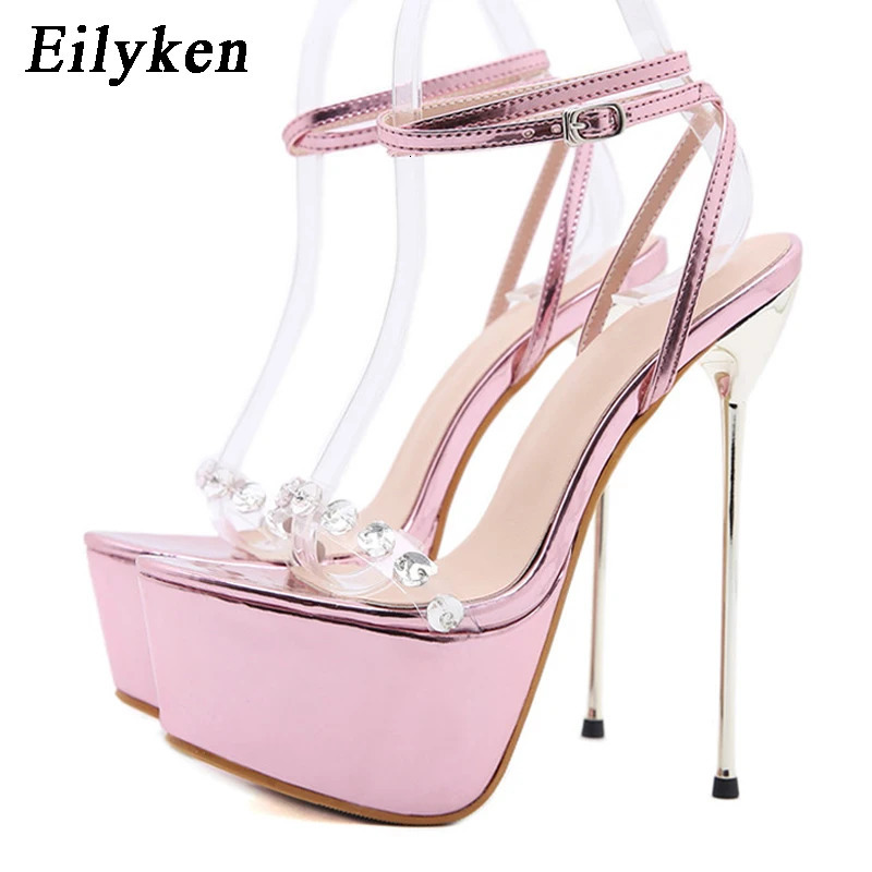 Eilyken Pink Sweet Ankle Buckle Strap Womens Sandals PVC Transparent Crystal Platform Summer Fashion High Heels Wedding Shoes 250610