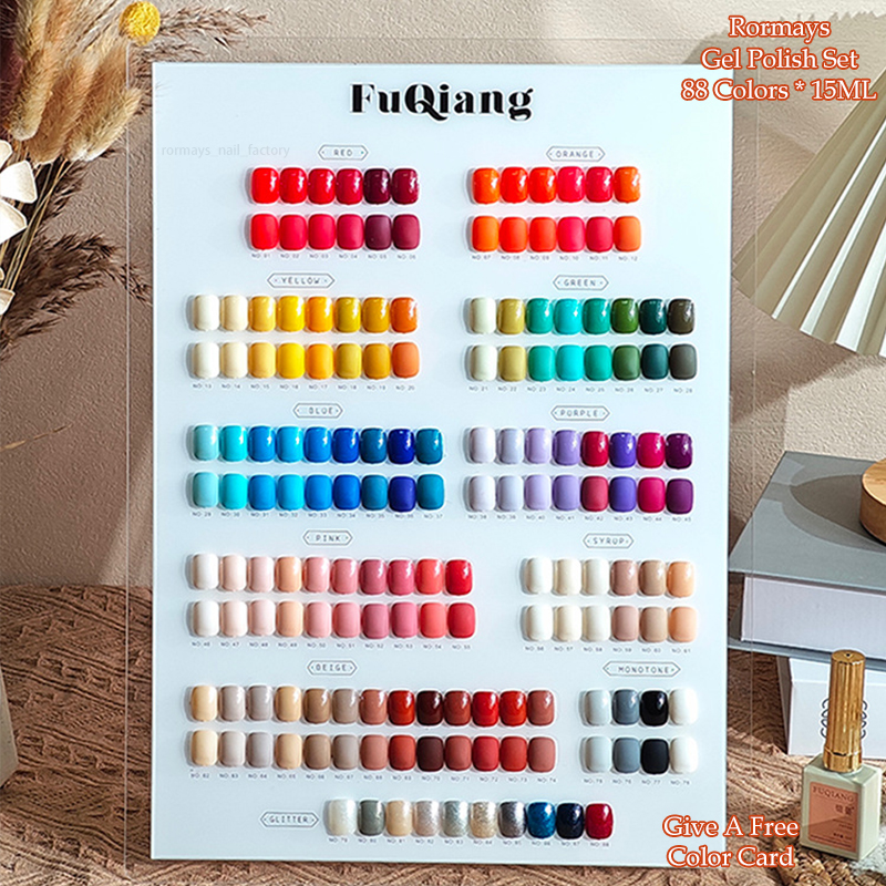 Rormays Summer Rainbow 88PCS gel nail polish Set Shiny Salon Nail Set gel Color UV LED Semi permanent Varnish Nail Enamel Primer Finish Wholesale Fact