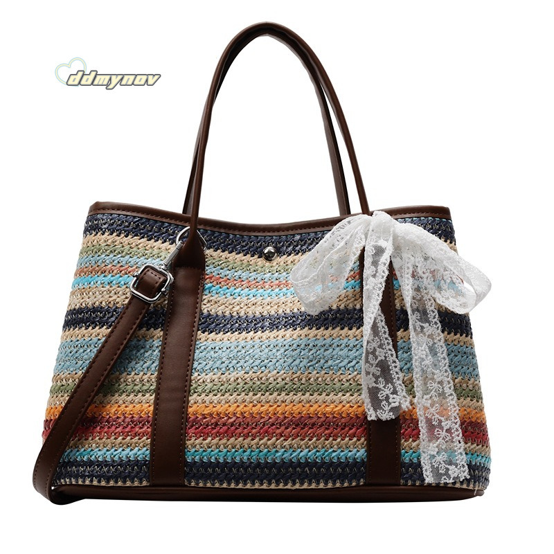 Korean INS Rainbow Straw Handbag for Women 2025 Summer Casual Vacation Style Color-Block Shoulder Crossbody Bag ddmynov ddmynov