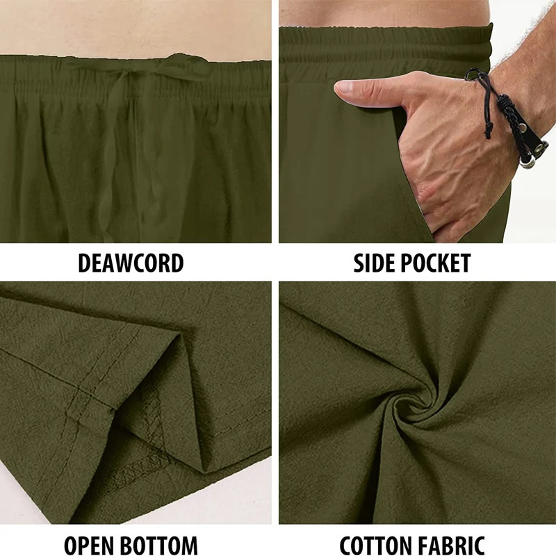 Mens Cotton Linen Pants Loose Autum Casual Pants Male Breathable Solid Color Drawstring Jogger Yoga Long Trousers 250614