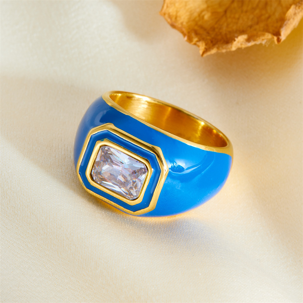 Fashion Style Personality Versatile Square Zircon Enamel Drip Oil Color Titanium Steel Non-Fading Ring