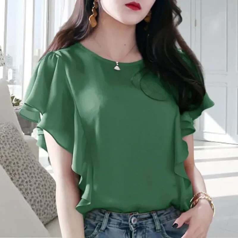 Woman Top Chiffon Ruffle Shirts Blouses for Women with Short Sleeve Frill Korean Reviews Clothes Fashion 2025 Elegant Chic New