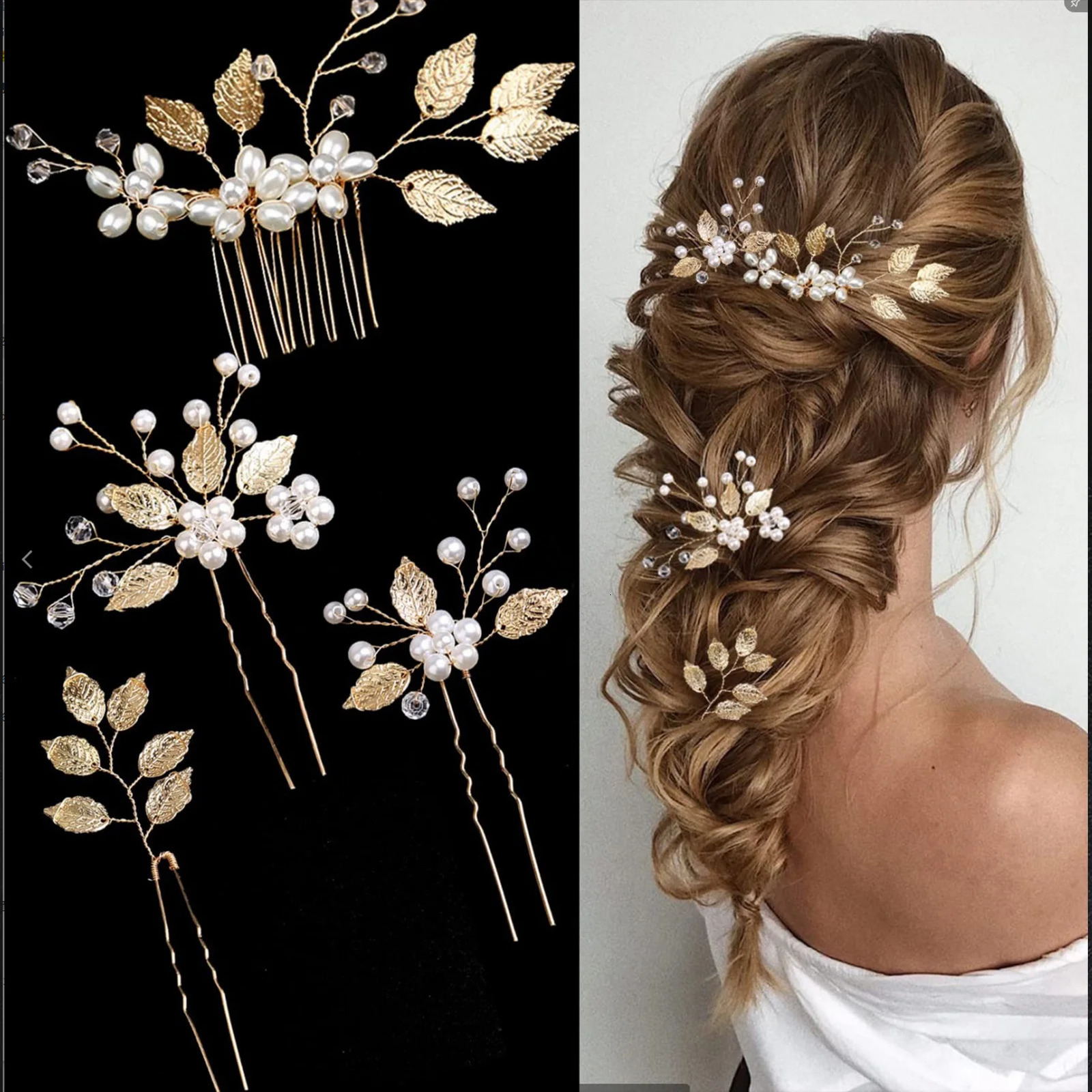 Wedding Pearl Flower Hairpin Side Comb Golden Leaf Alloy Tiaras Wedding Bride Insert Hair Clips Hair Jewelry Bride Headwear 5Pcs 250610