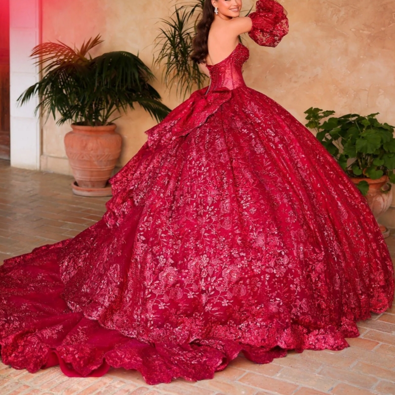 Red Shiny Quinceanera Dresses Ball Gown Off The Shoulder Sequin Applique Lace Beading Tull Sweet 16 Dress Vestidos 15 De Anos