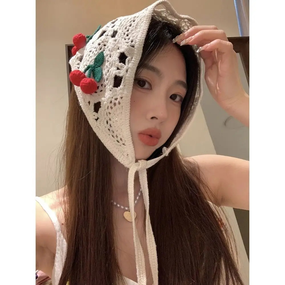 Knitted Triangle Headband Cute Little Cherry French Pastoral Style Headband Towel Handmade Crochet Headscarf Hat Girls 250610
