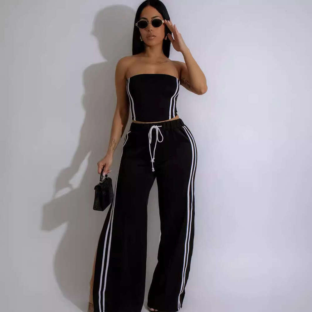 Summer New Solid Color Striped Short Slim Sexy Tube Top Tie Wide Leg Pants Set B5