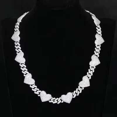 Unisex 925 Sterling Silver Hip Hop Jewelry Necklace Iced Full Moissanite Heart Cuban Chain Passes Diamond Test for Men Women