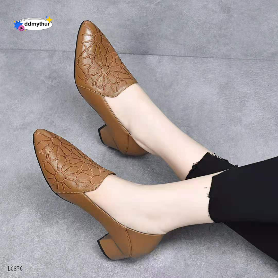 2024 Deep Mouth Pointed Toe Fashion Mid-Heel Work Internet Celebrity Wedge Spring and Autumn Embroidered Single Shoes for Women ddmythur