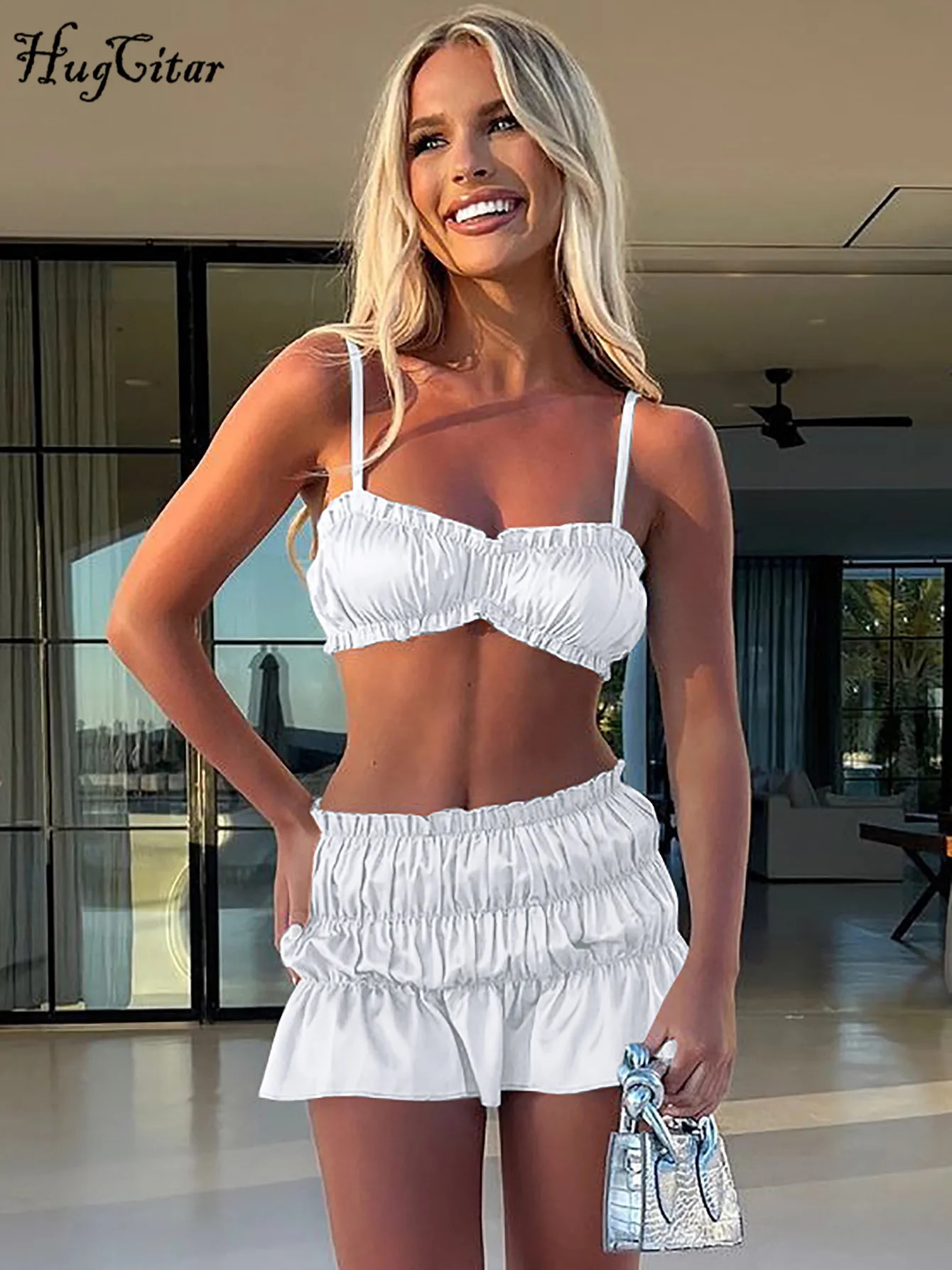 Hugcitar Summer Elegant 2 Pieces Matching Sets Solid Slips Ruched Sexy Crop Camis Skirt Women Clothes Birthday Beach Vacation 250609