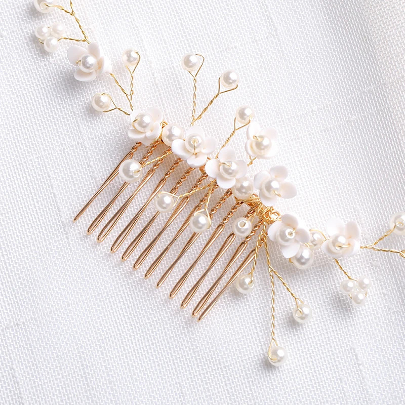 Gold Tiara Hair Combs Pearls Hair Accessories For Party Handmade Women Headbands Hair Ornaments Fashion Jewelry 250610
